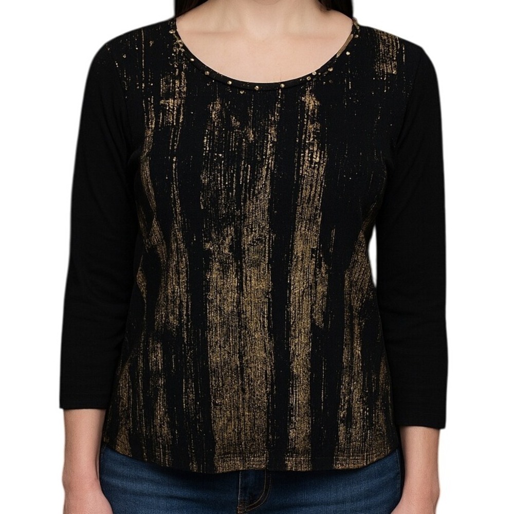 Cha Cha Vente Black Gold Distressed Graphic Print 3/4 Sleeve Top L Whimsigoth